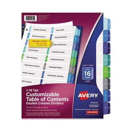 Avery Dennison Avery, CUSTOMIZABLE TOC READY INDEX DOUBLE COLUMN MULTICOLOR DIVIDERS, 16-TAB, LETTER 11320